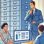 Das Bild zeigt eine Büro-Szene, in der Mitarbeiter zusammenarbeiten und ein Gefühl der Unterstützung und Teamarbeit vermitteln. In der Mitte des Bildes befindet sich ein Tisch, um den mehrere Personen sitzen und arbeiten. Eine Person steht und erklärt etwas, während die anderen aufmerksam zuhören und Notizen machen. Im Hintergrund sind Aktenschränke und Computerbildschirme zu sehen, die auf die Problematik und Komplexität von Datenbanken hinweisen. Das Bild soll eine positive und motivierende Atmosphäre ausstrahlen, die die Wichtigkeit von aktiver Mitarbeiterunterstützung betont.